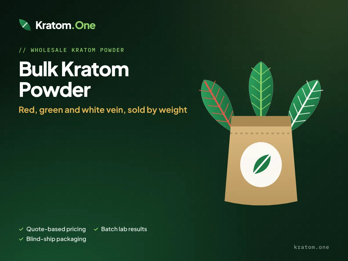 Red, green and white vein kratom leaves behind a sealed bulk kratom powder bag