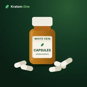 White vein kratom capsules in an unbranded wholesale bottle