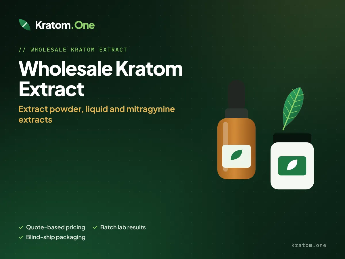 Amber dropper bottle and powder jar beside a kratom leaf