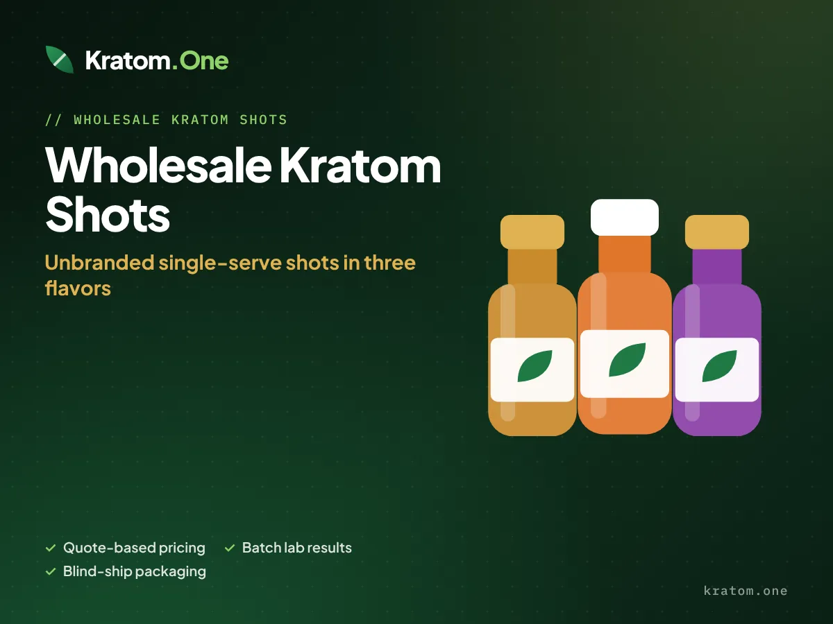 Three unbranded single-serve kratom shot bottles